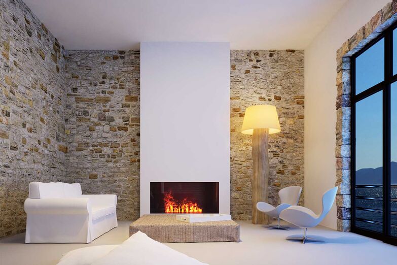 Ambiente ohne Brandgefahr ist möglich. Die «Fireline Front» wurde in diesen einseitigen Kamin integriert und bietet eine Alternative zum klassischen Feuer mit Holzscheiten. Per Smartphone- oder Tablet-Steuerung wird mit Licht und Wasser eine Feueranimation geschaffen. Firecross International GmbH, www.firecross.ch