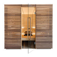 Edel: Das Aussendekor der Sauna ist aus Nuss, das Innendekor aus Linde. Touch-Displays bieten eine einfache Steuerung der Temperatur und Luftfeuchtigkeit. Sanatherm.