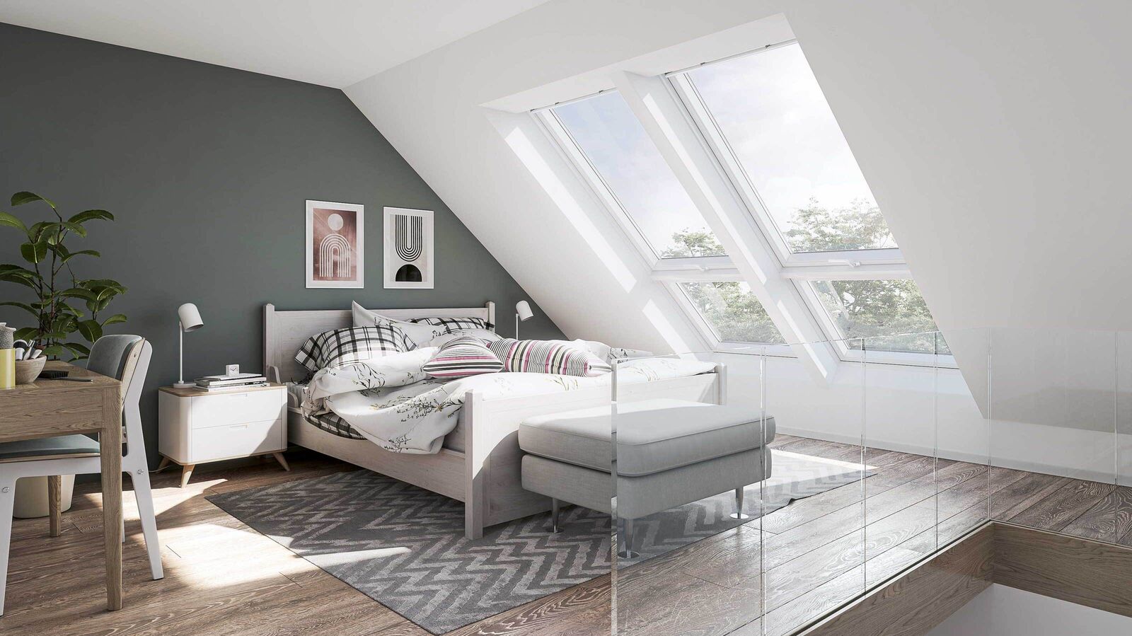 Mehr Licht: Mit «Quattro» stehen fünf verschiedene Breiten, von 66 bis 134 cm, für grossflächige Fensterflächen vom Boden bis fast zur Decke zur Verfügung. Velux Schweiz AG, www.velux.ch