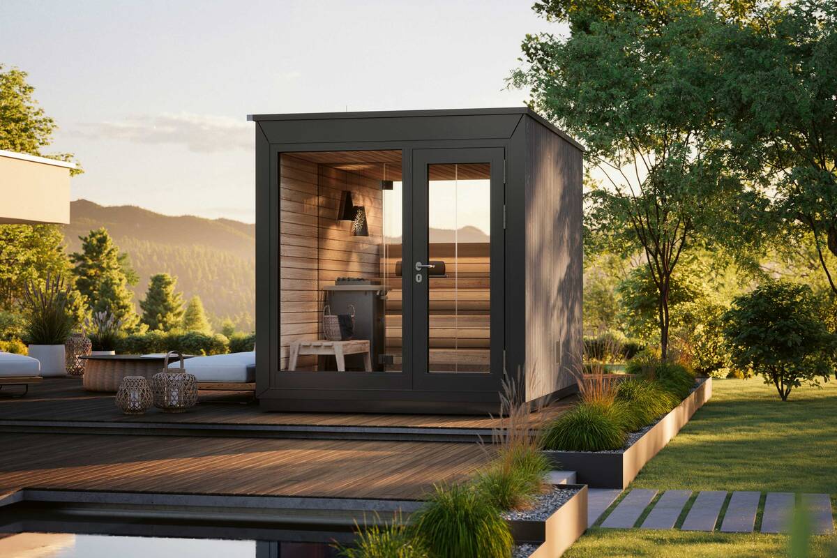 Der schlanke Dachaufbau verleiht der Aussensauna «Taras» moderne Eleganz. Verfügbar sind 23 verschiedenen Grundriss­varianten mit und ohne Vorraum. «Taras» verspricht zudem kurze Aufheizzeiten. Klafs AG.